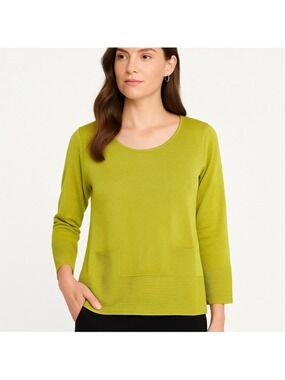 Chartreuse Lime Ribbed Hem Sweater 3/4 sleeve Metallic Thread, S